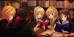  5girls :d alternate_costume bad_id bad_pixiv_id black_cloak blonde_hair book bookshelf cloak cosplay costume ggyoku harry_potter_(series) hogwarts_school_uniform hyou-kun idolmaster idolmaster_cinderella_girls iguana ink koga_koharu library matoba_risa multiple_girls necktie open_book parchment quill reading sakurai_momoka school_uniform smile studying tachibana_arisu wizarding_world yuuki_haru 