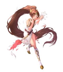  absurdly_long_hair alternate_costume bare_shoulders belt blush book boots breasts brown_eyes brown_hair collarbone dress earrings female fire_emblem fire_emblem:_new_mystery_of_the_emblem fire_emblem_heroes full_body hair_ornament high_heel_boots high_heels highres holding holding_book jewelry knee_boots leg_up linde_(fire_emblem) linde_(resplendent)_(fire_emblem) long_dress long_hair miyamoto_satoru non-web_source official_art one_eye_closed open_mouth side_slit sleeveless sleeveless_dress solo tied_hair torn_clothes torn_dress transparent_background very_long_hair white_dress white_footwear 