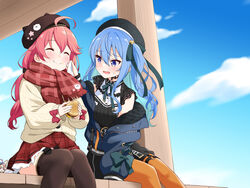  35p_(sakura_miko) 3girls :3 :t ahoge animal_ears black_headwear black_skirt black_thighhighs blonde_hair blue_bow blue_eyes blue_hair blue_ribbon blush bow burger checkered_clothes checkered_scarf closed_eyes cloud cloudy_sky colored_inner_hair commentary eating english_commentary felutiahime food fox_ears hair_ribbon hairbow hat highres holding holding_food hololive hoshimachi_suisei hoshimachi_suisei_(casual) jacket jacket_partially_removed long_hair long_sleeves looking_at_another multicolored_hair multiple_girls omaru_polka open_mouth orange_pantyhose outdoors pantyhose pink_hair red_bow red_scarf red_skirt ribbon sakura_miko sakura_miko_(casual) scarf sitting skirt sky sleeves_past_wrists smile thighhighs v-shaped_eyebrows virtual_youtuber when_you_see_it wiping_face wooden_floor 