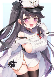  :d anchor_print azur_lane bare_shoulders black_ribbon breasts brown_hair detached_sleeves dress female gloves groin hair_ribbon hand_on_own_chest hand_to_own_mouth hands_up hat highres humo large_breasts leaning_forward long_hair looking_at_viewer medal no_bra no_panties order_of_the_patriotic_war pamiat_merkuria_(azur_lane) pamiat_merkuria_(retrofit)_(azur_lane) pink_eyes purple_eyes ribbon side_ponytail sideboob skindentation smile smug solo thighhighs thighs very_long_hair white_dress white_gloves 