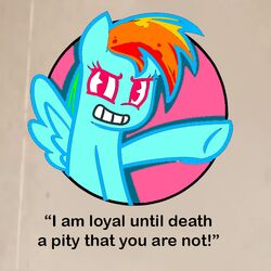  claribell3 crossover english_text evil_grin evil_smile failure game_over grin looking_at_viewer multicolored_hair my_little_pony pac-man_eyes pegasus pointing pointing_at_viewer pony_(animal) rainbow_dash_(mlp) rainbow_hair recolored smile 