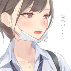  ama_mitsuki bag blush brown_eyes brown_hair close-up collarbone commentary eyebrows eyelashes female jewelry mask mask_around_neck mouth_mask neck necklace necktie nose open_mouth original school_bag school_uniform short_hair solo surgical_mask sweat white_background 