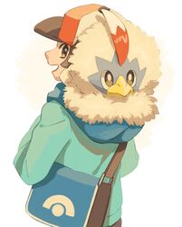  1boy bag baseball_cap bird blue_bag brown_hair closed_mouth commentary_request green_jacket hat highres hilbert_(pokemon) jacket looking_back male_focus open_mouth pokemon pokemon_(creature) pokemon_bw protected_link rufflet short_hair shoulder_bag smile torinoko_(miiko_draw) 