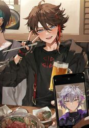  3boys :d absurdres alcohol alternate_hair_color aqua_hair asymmetrical_sidelocks bandana beer black_gloves black_hair black_jacket black_shirt blue_eyes cellphone cellphone_photo choppy_bangs chopsticks cup eating fingerless_gloves food fuwa_minato fuwa_minato_(1st_costume) gloves grey_hair grey_jacket hair_between_eyes head_out_of_frame highres holding holding_chopsticks holding_cup holding_phone hotpot jacket male_focus mayuzumi_kai mayuzumi_kai_(1st_costume) multicolored_hair multiple_boys nijisanji open_mouth out_of_frame phone pink_hair plate purple_eyes purple_hair red_hair restaurant saegusa_akina saegusa_akina_(4th_costume) selfie shirt sitting smartphone smile swept_bangs v virtual_youtuber white_hair ye_jji 