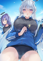  2girls alternate_costume black_buruma black_shirt blue_archive blue_jacket blue_sky blush breasts buruma gym_uniform hair_ornament half_updo halo highres id_card inoue_takuya_(tactactak) jacket lanyard large_breasts long_hair long_sleeves looking_at_viewer mechanical_halo multiple_girls noa_(blue_archive) official_alternate_costume open_mouth parted_bangs ponytail purple_eyes purple_hair shirt sidelocks sky star_sticker sticker_on_face thighs track_jacket very_long_hair white_hair yuuka_(blue_archive) yuuka_(track)_(blue_archive) 