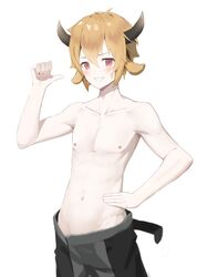  1boy animal_ears arknights bison_(arknights) blush brown_hair chinese_commentary collarbone commentary_request cow_boy cow_ears cow_horns gen0721 grin hand_on_own_hip horns looking_at_viewer male_focus navel nipples partial_commentary pectorals pink_eyes pointing pointing_at_self simple_background smile solo stomach thumbs_up topless_male white_background 