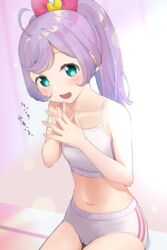  :d absurdres ahoge aqua_eyes bare_arms bare_shoulders blush bow breasts cameltoe clothes_writing collarbone commentary_request covered_nipples cowboy_shot eyelashes female hair_ornament hairbow hands_up heart heart_hair_ornament highres interlocked_fingers kono_shiro_(kono46_pxv) light_purple_hair long_hair looking_at_viewer manaka_laala midriff navel open_mouth own_hands_together panties pretty_series pripara purple_hair red_bow sitting small_breasts smile solo sports_bra sportswear swept_bangs translated twintails underwear underwear_only white_panties white_sports_bra 