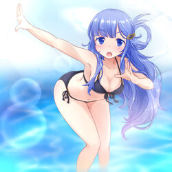  arm_up asari_nanami bare_shoulders bikini black_bikini blue_eyes blue_hair blue_sky blurry blurry_background blush breasts cleavage cloud collarbone dot_nose female fish_hair_ornament front-tie_bikini_top front-tie_top hair_ornament hair_over_shoulder hair_rings halterneck hand_up hicha_wynn idolmaster idolmaster_cinderella_girls idolmaster_cinderella_girls_starlight_stage leaning_forward lens_flare lens_flare_abuse long_hair looking_at_viewer o-ring o-ring_bikini open_hands open_mouth outstretched_arm side-tie_bikini_bottom sky small_breasts smile solo standing string_bikini swimsuit teeth upper_teeth_only v-shaped_eyebrows very_long_hair wading water 