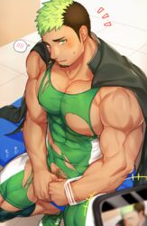  1boy abs bara bare_arms bare_pectorals black_hair blush bodysuit bulge covered_abs covered_navel covered_nipples covering_crotch covering_privates dark-skinned_male dark_skin embarrassed facial_hair gakuran goatee gozu_farm green_eyes green_hair ikusaba_daisuke jacket jacket_on_shoulders large_pectorals male_focus male_pubic_hair mature_male multicolored_hair muscular muscular_male navel navel_hair nipples pectoral_cleavage pectorals pov pubic_hair school_uniform short_hair sidepec singlet solo stomach taking_picture taurus_mask thighs tokyo_afterschool_summoners torn_bodysuit torn_clothes two-tone_hair wrestling_outfit 