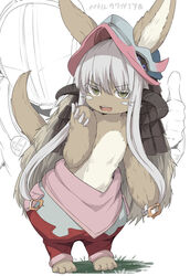  1other animal_ears bondrewd brown_fur commentary_request digitigrade ears_through_headwear furry grey_pants hand_up helmet long_hair looking_at_viewer made_in_abyss nanachi_(made_in_abyss) open_mouth pants puffy_pants red_pants shiseki_hirame simple_background smile solo_focus source_quote standing tail thumbs_up topless tsurime v-shaped_eyebrows whiskers white_background white_hair yellow_eyes 