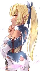  ass_cutout bare_shoulders blonde_hair bow butt_crack clothing_cutout dark-skinned_female dark_elf dark_skin detached_collar elf female from_behind from_side hairbow hand_on_own_chin high_ponytail highres hololive long_hair multicolored_hair orange_eyes pointy_ears shiranui_flare shiranui_flare_(old_design) shoulder_cutout sidelocks sideways_glance simple_background solo streaked_hair virtual_youtuber white_background yuyaiyaui 