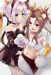  2girls animal_ears animal_hands bare_shoulders bell belt belt_buckle black_belt black_choker black_dress black_gloves blue_eyes blush brown_hair buckle cat_ears cat_tail choker collarbone dress fake_animal_ears gloves hair_between_eyes halloween halloween_costume heart-shaped_lock heart_lock_(kantai_collection) highres jingle_bell kagerou_(kancolle) kantai_collection long_hair long_sleeves midriff multiple_girls navel neck_bell oerba_yun_fang off-shoulder_dress off_shoulder open_mouth panty_straps paw_gloves pink_hair ponytail purple_eyes shiranui_(kancolle) short_hair smile tail tail_bell tail_ornament twintails u_yuz_xx 