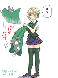  1other badge blonde_hair blue_necktie blue_skirt bokukawauso braid braided_bangs braided_bun breasts brown_footwear cape cloak commentary_request dress_shirt female full_body geru green_cape green_cloak green_legwear green_vest hair_bun kantai_collection koala koala_costume long_hair mascot medium_breasts necktie otter perth_(kancolle) plaid plaid_skirt pleated_skirt purple_eyes school_uniform shirt short_sleeves skirt thighhighs translation_request vest white_shirt 