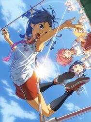  3girls :d blue_eyes blue_hair clenched_teeth cloud commentary_request day gym_shorts gym_uniform hairband high_jump holding lens_flare multiple_girls necktie open_mouth original painttool_sai_(medium) pairan pink_eyes pink_hair pointy_ears race_bib red_eyes shorts sky smile sports_festival sunlight teeth track_and_field 