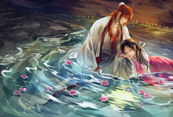  1boy black_hair chinese_clothes closed_eyes commentary_request cousins female flower hanfu long_hair magi_the_labyrinth_of_magic mak_(kainemaru) photoshop_(medium) red_hair ren_hakuei ren_kouen water 