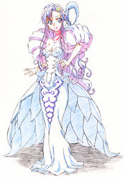  aged_up alternate_costume bad_id bad_pixiv_id bare_shoulders breasts cleavage creature dress female forehead_jewel full_body gensei-225 long_hair medium_breasts meredy_(tales) puffy_sleeves purple_eyes purple_hair quickie_(tales) smile tales_of_(series) tales_of_eternia traditional_media white_background 