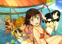  1boy 3girls :d ;) amy_(suisei_no_gargantia) bangle bare_legs barefoot bike_shorts bikini black_hair blue_eyes blush bracelet breasts brown_eyes brown_hair day earrings floral_print front-tie_bikini_top front-tie_top grey_hair hair_ribbon hair_tubes hang_gliding hawaiian_shirt hidari_(left_side) highres horizon jewelry ledo_(suisei_no_gargantia) lens_flare long_hair looking_at_viewer low-tied_long_hair medium_breasts melty_(suisei_no_gargantia) multiple_girls navel ocean ok_sign one_eye_closed open_clothes open_mouth open_shirt outdoors pink_bikini red_bikini red_ribbon ribbon saaya_(suisei_no_gargantia) shirt side-tie_bikini_bottom sidelocks sky small_breasts smile striped_bikini striped_clothes suisei_no_gargantia swimsuit third-party_edit toned toned_male twintails yellow_bikini 