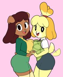  2019 animal_crossing anthro anthrofied big_breasts blush bottomwear breasts brown_hair canid canine canis carla_(ok_k.o.!_lbh) cartoon_network clothed clothing competition digital_media_(artwork) domestic_dog duo excited female fur hair hand_holding heart_symbol hi_res isabelle_(animal_crossing) looking_at_viewer mammal mature_anthro mature_female monotone_bottomwear monotone_clothing monotone_skirt nintendo ok_k.o.!_let&#039;s_be_heroes open_mouth pencil_skirt shih_tzu simple_background skirt smile tail tail_motion tailwag tansau toy_dog wide_hips 