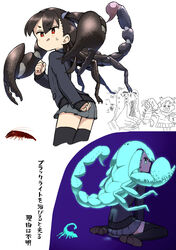  3girls ac-bu_(style) animal arm_behind_back arm_support arthropod_girl bad_link bioluminescence black_hair black_jacket black_legwear black_sweater blue_eyes blush bobunemimimmi braid brown_footwear bug clenched_hand commentary crayfish evolvingmonkey flat_chest glowing glowing_eyes grey_skirt half_updo hand_up highres jacket long_sleeves multiple_girls multiple_views original parody parted_bangs pipimi pleated_skirt poptepipic popuko red_eyes reference_sheet school_uniform scorpion scorpion_girl scorpion_tsuchida shoes short_eyebrows sitting skirt sleeves_past_wrists sweatdrop sweater thick_eyebrows thighhighs translated two_side_up wariza 