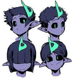  1boy alternate_hairstyle bad_id bad_pixiv_id black_sclera blue_hair blue_skin blush bob_cut colored_sclera colored_skin covered_eyes docu_(doppel) doppel_(bonnypir) green_eyes hair_over_eyes looking_at_viewer male_focus monster_boy multiple_views original simple_background smile white_background 