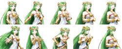  arm_out bending_forward clasped_hands closed_eyes dress expressions female female finger_on_cheek goddess green_hair hand_on_own_chest highres kid_icarus kid_icarus_uprising long_hair necklace nintendo official_art palutena shocked smile super_smash_bros. thinking video_games white_dress 