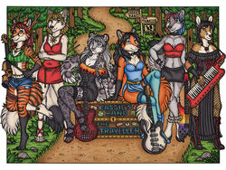  4_toes accessory anklet anthro barefoot bass_guitar belt black_hair black_nose blonde_hair blue_clothing blue_dress blue_eyes boots bottomwear bowed_string_instrument bracelet braided_hair breasts brown_eyes bustier canid canine canis cassie_the_rock_vixen choker claws cleavage clothed clothing collar crossed_legs cutoffs daisy_dukes deer denim denim_bottomwear denim_clothing digitigrade dipstick_tail dress drumstick_(musical) ear_piercing electric_guitar eyewear feet felid female finger_claws fishnet_clothing fishnet_legwear footwear fox fur garter garter_belt garter_straps glasses gloves_(marking) green_eyes group guitar hair hand_on_hip high_heeled_sandals high_heels holding_object hotpants jewelry kalika-tybera keyboard keyboard_instrument keytar laretta leg_markings legwear leopard looking_at_viewer mammal markings midriff multicolored_hair multicolored_tail musical_instrument navel necklace on_one_leg outside pantherine pendant percussion_instrument piercing pink_nose plucked_string_instrument red_hair sandals shoes shorts sitting slit_dress smile socks_(marking) spiked_bracelet spiked_collar spikes spots spotted_body spotted_fur standing stockings string_instrument striped_body striped_fur stripes tail tail_markings thigh_highs tiptoes toe_claws toes translucent translucent_clothing translucent_legwear translucent_stockings violin vixina waist_accessory wolf 