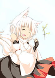  ^^^ animal_ears bare_shoulders blush breasts closed_eyes commentary_request detached_sleeves female fingerless_gloves gloves inubashiri_momiji kokutei_n oerba_yun_fang open_mouth photoshop_(medium) pom_pom_(clothes) short_hair small_breasts solo tail touhou white_hair wolf_ears wolf_tail 