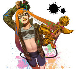  aerospray_(splatoon) bike_shorts candy commentary_request female food gas_mask inkling inkling_girl inkling_player_character jacket lollipop long_hair mask midriff navel open_mouth orange_hair paint_splatter photoshop_(medium) pointy_ears sakamoto_kengo solo splatoon_(series) splatoon_1 sports_bra tentacle_hair 