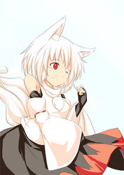  animal_ears bare_shoulders blush breasts commentary_request detached_sleeves female fingerless_gloves gloves inubashiri_momiji kokutei_n looking_at_viewer one_eye_closed photoshop_(medium) pom_pom_(clothes) red_eyes short_hair small_breasts solo tail touhou white_hair wolf_ears wolf_tail 