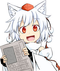  animal_ears bad_source bare_shoulders detached_sleeves female hat holding inubashiri_momiji kokutei_n looking_at_viewer open_mouth paper pom_pom_(clothes) red_eyes short_hair simple_background solo tail tokin_hat touhou white_background white_hair wolf_ears wolf_tail 