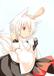  animal_ears bare_shoulders blush breasts commentary_request detached_sleeves female fingerless_gloves gloves headpat inubashiri_momiji kokutei_n one_eye_closed photoshop_(medium) pom_pom_(clothes) red_eyes short_hair small_breasts solo tail touhou white_hair wolf_ears wolf_tail 