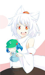  2girls animal_ears bare_shoulders black_hair blush chibi commentary_request detached_sleeves hat holding inubashiri_momiji kawashiro_nitori kokutei_n looking_at_viewer midriff multiple_girls o_o open_mouth photoshop_(medium) pom_pom_(clothes) red_eyes short_hair tail tokin_hat touhou two_side_up white_hair wolf_ears wolf_tail 