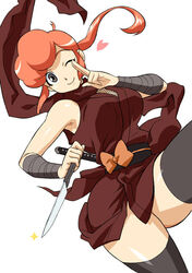  bow bowtie breasts cirima curvy female fishnet fishnets grey_eyes heart hips holding holding_knife kage_kara_mamoru kage_kara_mamoru! kagemori_sakurako knife kunoichi leggings legs looking_at_viewer milf mother ninja no_bra orange_hair ponytail ribbon simple_background slender smile solo thick_thighs thighhighs thighs volvox weapon white_background wink 