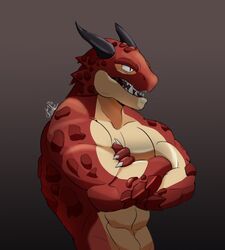  abs anthro biceps black_horn brawlhalla claws crossed_arms dragon horn male muscular muscular_anthro muscular_male mythological_creature mythological_scalie mythology open_mouth pecs ragnir_(brawlhalla) red_body red_scales scales scalie simple_background solo standing tan_body tan_scales teeth warsyl 