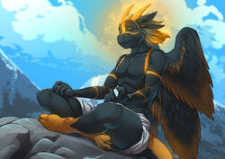  2019 closed_eyes crosslegged_pose day detailed_background digital_media_(artwork) dragon feathered_dragon feathered_scalie feathered_wings feathers male meditating meditation mythological_creature mythological_scalie mythology outside scalie sitting sky solo tail twinkle-sez wings 