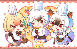  3girls animal_ears bad_id bad_pixiv_id black_eyes black_hair blonde_hair blush bow bowtie cake chef_hat chibi commentary_request extra_ears food fur_collar hair_between_eyes hat highres kemono_friends multiple_girls one_eye_closed rakugakiraid silky_anteater_(kemono_friends) simple_background southern_tamandua_(kemono_friends) southern_tamandua_ex_(kemono_friends) tail toque_blanche v-shaped_eyebrows white_background white_hair 