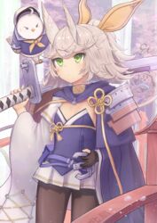  absurdres azur_lane bird bridge cape cherry_blossoms commentary_request cowboy_shot eicam expressionless falling_petals female green_eyes grey_hair hair_ribbon hair_wings highres holding holding_sword holding_weapon katana kitakaze_(azur_lane) long_sleeves ootachi over_shoulder pantyhose petals ribbon sailor_collar short_hair solo standing sword sword_over_shoulder tree tsuka-ito weapon weapon_over_shoulder wide_sleeves 