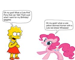  blue_eyes clothing crossover cutie_mark darthraner83_(artist) dialogue duo earth_pony equid equine female feral friendship_is_magic fur hair hasbro horse human lisa_simpson mammal my_little_pony pink_hair pinkie_pie_(mlp) pony text the_simpsons 