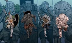  4boys armor artist_name bracer chosen_undead commentary cut-in dark_souls_(series) dark_souls_i dual_wielding english_commentary full_armor full_body greaves helm helmet highres holding iron_tarkus katana knight looking_at_viewer male_focus menaslg multiple_boys pauldrons plume running shield shoulder_armor siegmeyer_of_catarina solaire_of_astora sword tabard two-handed_sword weapon 