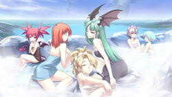  6+girls ar_tonelico ar_tonelico_i atelier_(series) atelier_marie bat_wings breasts closed_eyes cross_edge crossed_legs crossover disgaea etna_(disgaea) hirano_katsuyuki mana_khemia_(series) mana_khemia_2 marie_(atelier) medium_breasts meu_(spectral_souls) morrigan_aensland multiple_crossover multiple_girls naked_towel nippon_ichi official_art one_eye_closed onsen photoshop_(medium) same-sex_bathing shared_bathing shurelia_(ar_tonelico) sitting spectral_(series) spectral_souls sulking tail towel towel_on_head vampire_(game) wings wuim_(mana_khemia) 