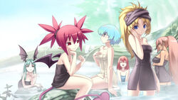  6+girls :d alternate_hairstyle anesha aqua_hair ass atelier_(series) back bare_shoulders bat_wings bent_over blonde_hair blue_eyes blue_hair blunt_bangs breasts cleavage closed_eyes cloud cross_edge crossover dark-skinned_female dark_skin day demon_girl demon_tail disgaea etna_(disgaea) flat_chest game_cg green_eyes hair_up hand_on_own_cheek hand_on_own_chest hand_on_own_face head_rest head_wings high_ponytail hirano_katsuyuki light_smile liliane_vehlendorf long_hair looking_at_viewer looking_to_the_side mana_khemia_(series) mana_khemia_2 meu_(spectral_souls) morrigan_aensland multiple_crossover multiple_girls naked_towel nippon_ichi onsen open_mouth orange_hair outdoors outstretched_hand parted_bangs partially_submerged photoshop_(medium) pink_hair pointy_ears ponytail profile red_eyes red_hair same-sex_bathing shared_bathing short_hair short_twintails sitting sky slit_pupils small_breasts smile spectral_(series) spectral_souls spiked_hair standing tail towel towel_on_head tree twintails v_arms vampire_(game) wading water wings wuim_(mana_khemia) 