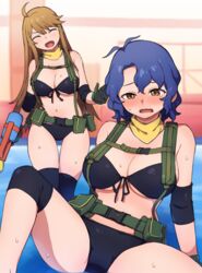  2girls ahoge antenna_hair arm_support bandana belt_pouch bikini black_bikini black_thighhighs blue_hair blush breasts brown_eyes brown_hair cleavage closed_eyes commentary_request elbow_pads front-tie_bikini_top front-tie_top gloves green_gloves harness holding holding_water_gun idolmaster idolmaster_million_live! idolmaster_million_live!_theater_days knee_pads knee_up korean_commentary kwaejina large_breasts mixed-language_commentary multiple_girls navel open_mouth over-kneehighs pouch sitting smile spread_legs standing sweat swimsuit thighhighs tokoro_megumi toyokawa_fuka water_gun wavy_hair yellow_bandana 