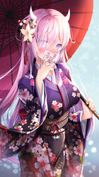  alternate_hair_length alternate_hairstyle blush breasts cherry_blossom_print commentary_request cowboy_shot fate/grand_order fate_(series) female floral_print flower furisode hair_flower hair_ornament hand_to_own_mouth hand_up highres holding holding_umbrella horns japanese_clothes kikkoumon kimono korean_commentary lancheu large_breasts long_hair long_sleeves looking_at_viewer mash_kyrielight mash_kyrielight_(grand_new_year) new_year obi official_alternate_costume oil-paper_umbrella omikuji partial_commentary pink_hair plum_blossom_print print_kimono purple_eyes red_umbrella saint_quartz_(fate) sakuramon sash solo umbrella very_long_hair white_flower wide_sleeves 