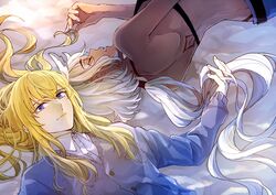  1boy animal_ears belt bikini bishounen blonde_hair blue_pants blue_sweater body_markings caenis_(fate) collared_shirt commentary dark-skinned_female dark_skin fate/grand_order fate_(series) female hair_intakes highleg highleg_bikini highres kirschtaria_wodime long_hair lying on_back on_bed on_side pants ponytail_holder purple_eyes shirt sleeping sweater swimsuit tattoo tsengyun white_hair white_nails white_shirt 