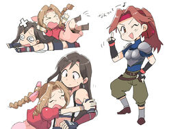  &gt;_&lt; &gt;o&lt; 3girls ;d @_@ aerith_gainsborough arm_guards armor bandaid bandaid_on_head belt black_gloves black_hair black_skirt black_thighhighs black_undershirt blue_shirt blush boots braid braided_ponytail breastplate brown_eyes brown_footwear brown_hair chibi commentary crop_top cropped_jacket dress elbow_gloves falling final_fantasy final_fantasy_vii final_fantasy_vii_remake fingerless_gloves fishnets full_body gloves green_pants hair_ribbon hand_on_own_hip headband hug index_finger_raised jacket jessie_rasberry light_brown_hair long_hair looking_at_another looking_at_viewer lying midriff miniskirt motion_lines multiple_girls multiple_views musical_note navel on_stomach one_eye_closed open_mouth pants pink_dress ponytail red_eyes red_jacket ribbon shirt shoulder_armor side_braids simple_background skirt smile spiral-only_eyes standing suspender_skirt suspenders sweatdrop tank_top thighhighs tifa_lockhart translated tsubobot turtleneck undershirt underwear white_background white_tank_top wristband 