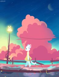  2022 anthro barefoot cloud detailed_background digital_media_(artwork) domestic_cat feet felid feline felis female fur hydrabb light lighting lineless mammal outside side_view sky solo walking white_body white_fur 