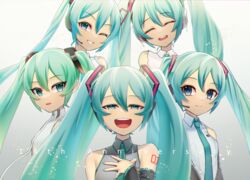  5girls anniversary aqua_eyes aqua_hair aqua_nails aqua_necktie ataraii_moyasi bare_shoulders black_sleeves blue_eyes closed_mouth clothing_cutout detached_sleeves facing_viewer grey_shirt grin hair_ornament half-closed_eyes hand_on_own_chest hatsune_miku hatsune_miku_(append) hatsune_miku_(nt) hatsune_miku_(vocaloid3) hatsune_miku_(vocaloid4) headphones headset highres leotard light_particles long_hair looking_at_viewer multiple_girls multiple_persona nail_polish neck_ribbon necktie one_eye_closed piapro ribbon shirt shoulder_tattoo sleeveless sleeveless_shirt smile stomach_cutout tattoo twintails upper_body very_long_hair vocaloid vocaloid_append white_leotard white_shirt 