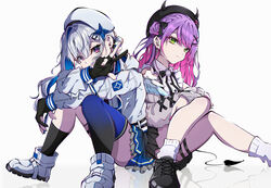  2girls absurdres amane_kanata amane_kanata_(work) angel_wings asymmetrical_legwear beret black_footwear black_gloves black_headwear black_skirt black_socks blue_eyes blue_hair blue_skirt cardigan closed_mouth colored_inner_hair commentary_request demon_tail ear_piercing earrings frilled_skirt frills gloves gradient_legwear green_eyes grey_cardigan grey_hair hair_between_eyes hair_bun hat highres hololive jacket jewelry jirai_kei kneehighs knees_together_feet_apart long_hair long_sleeves looking_at_viewer mismatched_legwear multicolored_hair multiple_girls off_shoulder official_alternate_costume partially_fingerless_gloves pension_z piercing pink_hair pleated_skirt purple_hair shirt shoes simple_background single_hair_bun single_kneehigh single_sock single_thighhigh sitting skirt socks tail tail_ornament tail_piercing thighhighs tokoyami_towa tokoyami_towa_(jirai_kei) two_side_up uneven_legwear virtual_youtuber white_background white_footwear white_headwear white_jacket white_legwear white_shirt wings x 