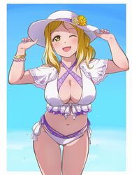  ass_visible_through_thighs bead_bracelet beads bikini blonde_hair blush bracelet breasts cleavage collarbone commentary cowboy_shot criss-cross_halter female floral_print flower frilled_bikini frills halterneck hands_up hat hat_flower jewelry large_breasts leaning_forward looking_at_viewer love_live! love_live!_sunshine!! multi-strapped_bikini nail_polish navel ohara_mari one_eye_closed open_mouth purple_bikini purple_nails side-tie_bikini_bottom smile solo swimsuit thighs turkey_min white_bikini white_hat yellow_eyes yellow_flower 