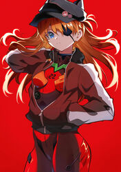  absurdres black_hat closed_mouth commentary cowboy_shot evangelion:_3.0_you_can_(not)_redo eyepatch female hand_in_pocket hand_up hat high_collar highres jacket long_hair long_sleeves looking_at_viewer neon_genesis_evangelion open_clothes open_jacket pension_z plugsuit rebuild_of_evangelion red_background solo souryuu_asuka_langley standing 